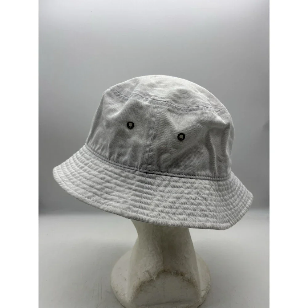 Bernies White Bucket Hat Newhattan Embroidered Script Logo Cotton Sun Cap SM